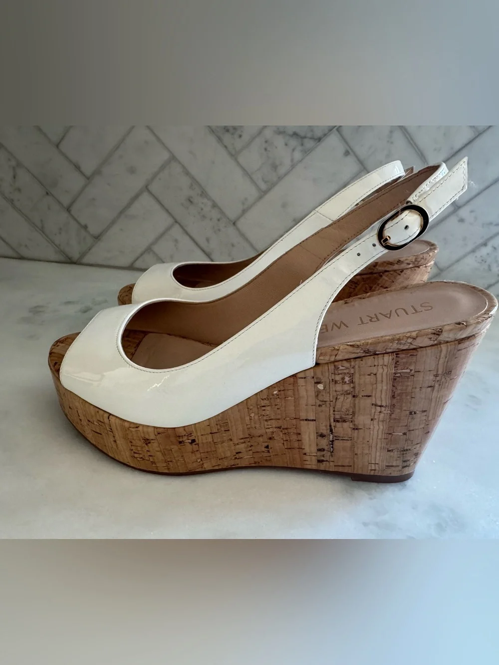 Stuart Weitzman White Patent Cork Platform Wedge Slingbacks 8.5 - Picture 11 of 15
